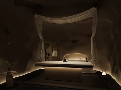 Serene SPA Sauna Interior Design With Canopy Massage Bed Soft Lighting And Zen Plants 3d model