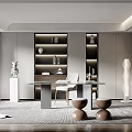 Modern Minimalist Study Room Interior With Built in Shelves Desk Chair And Decorative Vases
