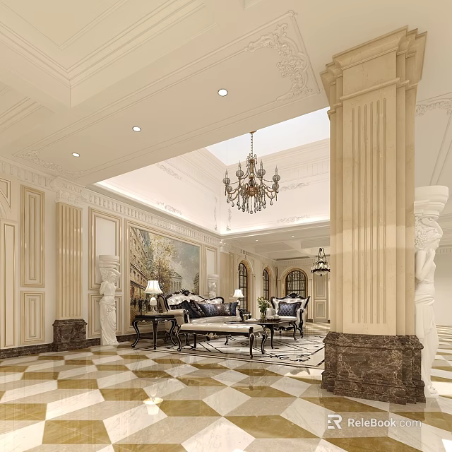 Elegant Hotel Lobby With Grand Chandelier Classic Mural Marble Floor And Ornate Columns 3d model 