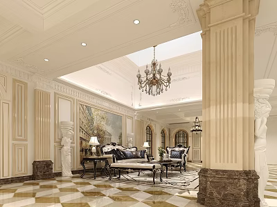 Elegant Hotel Lobby With Grand Chandelier Classic Mural Marble Floor And Ornate Columns 3d model