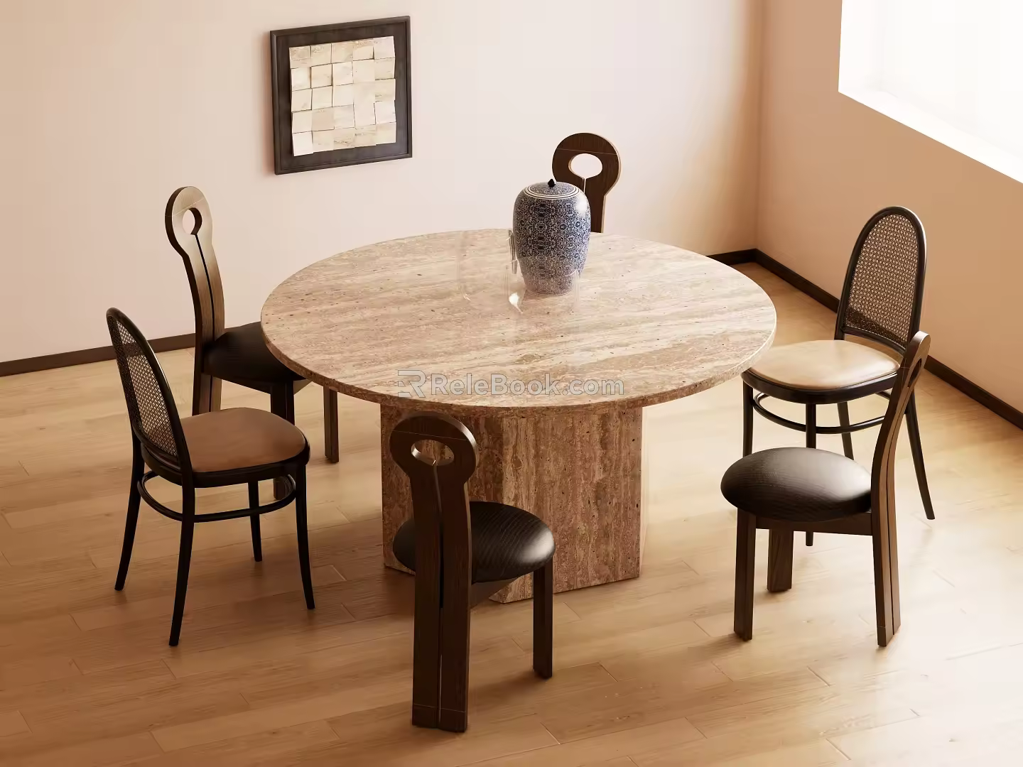 Quiet ancient style dining table and chair combination 3d model