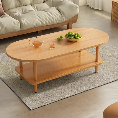 Light Colored Wooden Sofa Coffee Table Set With Tea Pot Cup And Green Apples Bowl 3d model