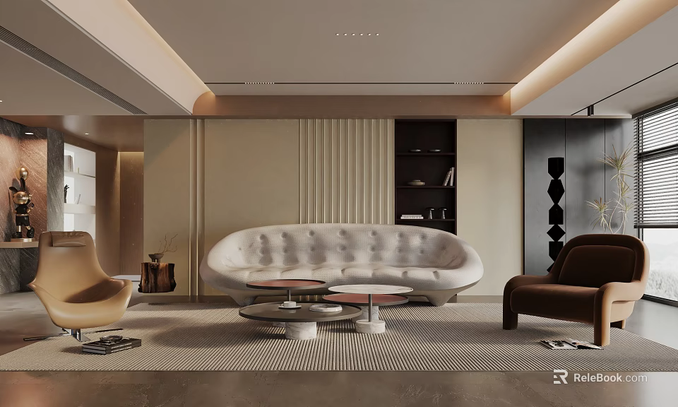 Modern Living Room Interior Design With Curved Sofa Round Coffee Tables And Rug 3d model 