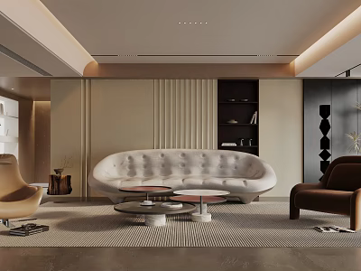 Modern Living Room Interior Design With Curved Sofa Round Coffee Tables And Rug 3d model