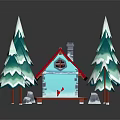 Small House with Red Roof Chimney and Blue Door Surrounded by Snowy Trees