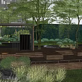 Stylish Courtyard Garden With Wooden Deck Trees Green Plants Outdoor Tables Chairs And Black Screen