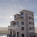 Elegant Detached Villa With Stone Exterior Arched Porch Balcony And Large Windows Under Blue Sky