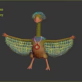 Colorful Bird with Green Blue Feathers Orange Body Round Badge Standing Spread Wings on Gray