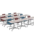 Modern Conference Table With Metal Frame Blue Red Chairs And Mobile Wheels 3d model