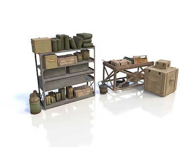 Organized Warehouse Storage Setup With Metal Shelves Wooden Crates And Green Jars 3d model