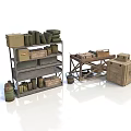 Organized Warehouse Storage Setup With Metal Shelves Wooden Crates And Green Jars