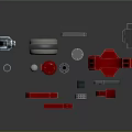 Various Mechanical Parts Including Metal Components Red Plastic Accessories And Transparent Cylinders