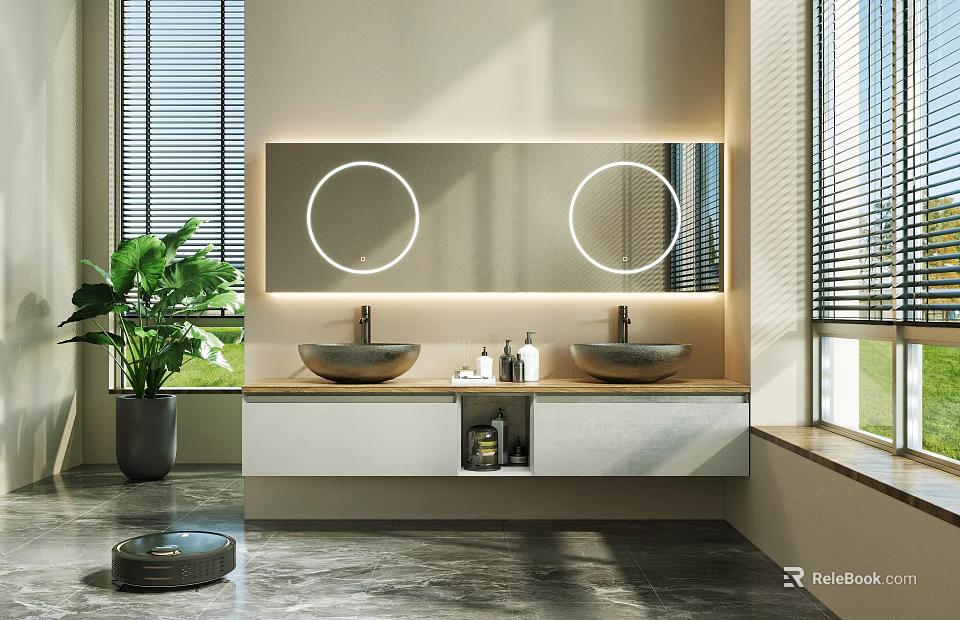 Modern Minimalist Bathroom Vanity With Double Sink Round Backlit Mirrors And Potted Plant 3d model 