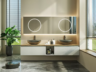 Modern Minimalist Bathroom Vanity With Double Sink Round Backlit Mirrors And Potted Plant 3d model