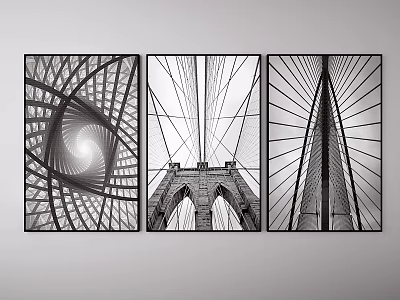 Black And White Architectural Landscape Paintings With Bridge Structure And Line Design As Wall Art 3d model