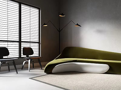 Modern Green Curved Sectional Sofa With Floor Lamp Window Blinds And Area Rug 3d model