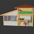 Cartoon Scene House Red Roof Wooden Structure Open Interior Sofa Colorful Cushions Billiard Table Ladder