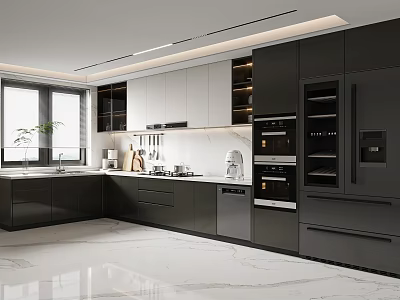 Modern Kitchen Interior Design With Black White Cabinets Island Countertop And Appliances 3d model
