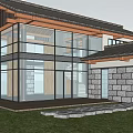 Modern Single Family House With Large Glass Windows Sloped Roof Stone Walls And Green Garden