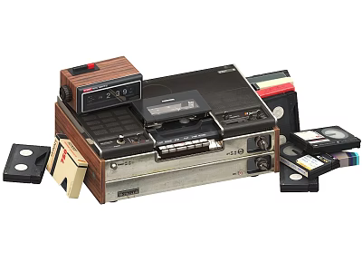 Old Fashioned Vintage VCR Player With Retro Video Tapes And Accessories 3d model