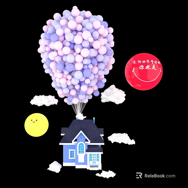 Colorful Photo Spot With Purple Pink Balloons Small Blue House Clouds And Smiling Sun 3d model 