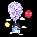Colorful Photo Spot With Purple Pink Balloons Small Blue House Clouds And Smiling Sun