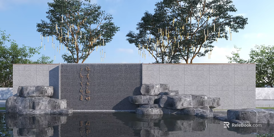 Stone Scenic Wall With Trees Hanging Decorations And Water Pool Rocks 3d model