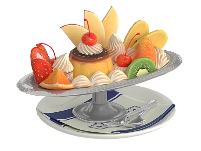 Elegant Dessert Platter With Fresh Fruits Whipped Cream And Cherry Topping 3d model