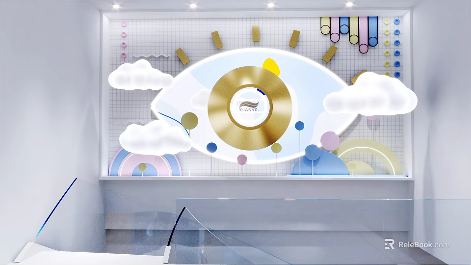 DP Device With Circular Golden Center And Cloud Rainbow Decorations In Indoor Design 3d model 