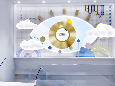 DP Device With Circular Golden Center And Cloud Rainbow Decorations In Indoor Design 3d model