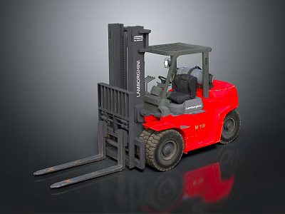 Red UniCarriers Forklift With Cabin Front Forks And Reflective Surface 3d model