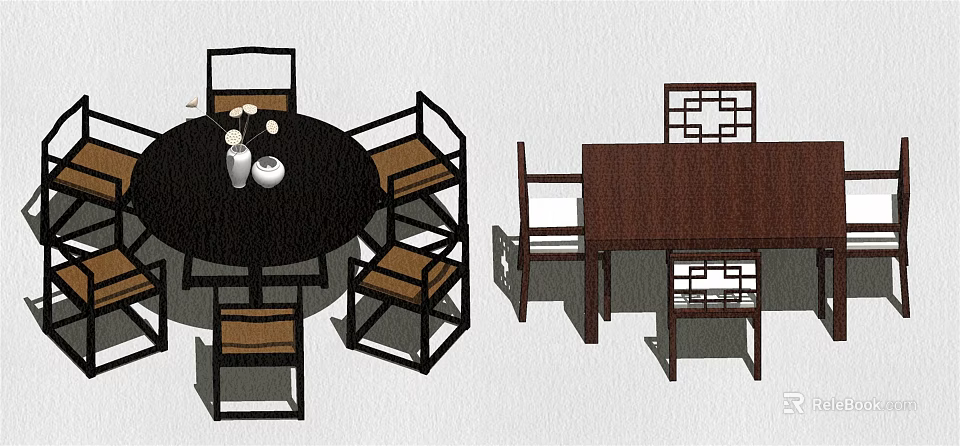 Traditional Chinese Dining Table Sets with Round Rectangular Tables and Openwork Backrest Chairs 3d model