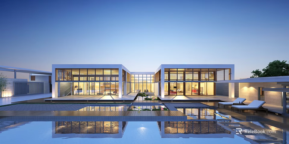 Modern Detached Villa Exterior With Large Windows Swimming Pool And Sunset Reflection 3d model