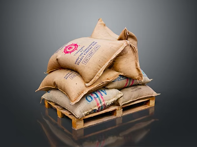 Multiple Hessian Sandbags With Branded Logos Stacked On Industrial Wooden Pallet 3d model