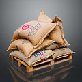 Multiple Hessian Sandbags With Branded Logos Stacked On Industrial Wooden Pallet