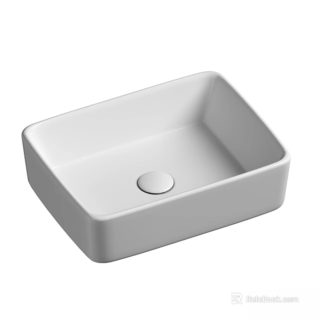 Sleek White Square Ceramic Washbasin with Round Drain for Modern Bathroom Design 3d model 