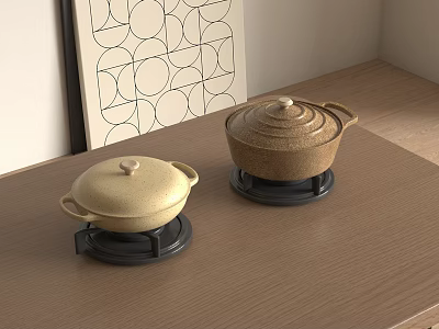Ceramic Cooking Pots With Lids On Black Bases On Wooden Tabletop In Kitchen 3d model