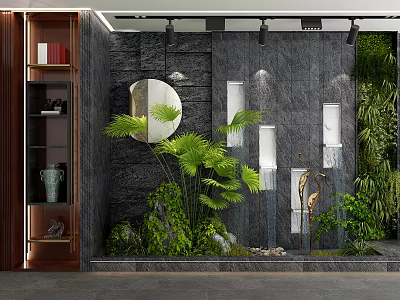 Modern Indoor Garden Decor With Black Stone Wall Round Mirror Green Plants And Crane Sculpture 3d model