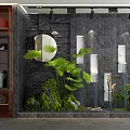 Modern Indoor Garden Decor With Black Stone Wall Round Mirror Green Plants And Crane Sculpture