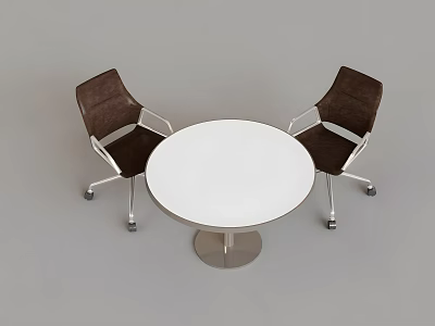 Modern Round White Table and Brown Chair Set with Metal Legs and Wheels 3d model