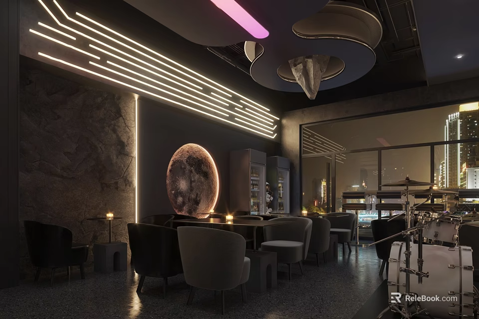 Modern Bar With Moon Decoration Neon Lights Dark Walls Tables Chairs Drum Set Night View 3d model 