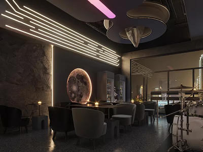 Modern Bar With Moon Decoration Neon Lights Dark Walls Tables Chairs Drum Set Night View 3d model