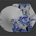 Ceramic Decorative Table With Mushroom Shape Blue White Floral Pattern And Cat Figure 3d model