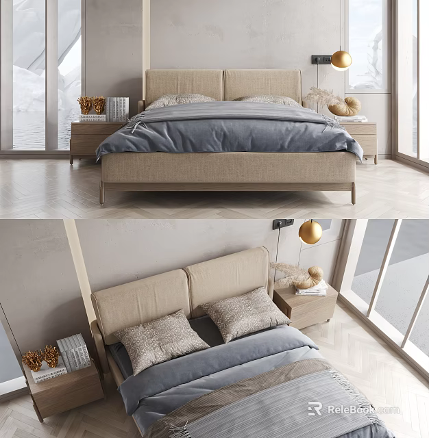 Modern Double Bed With Upholstered Beige Frame Gray Bedding And Bedside Tables In Bright Bedroom 3d model 