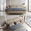 Modern Double Bed With Upholstered Beige Frame Gray Bedding And Bedside Tables In Bright Bedroom