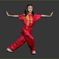 Young Woman Practicing Martial Arts In Red Uniform With Yellow Patterns