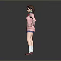 Game Movie Character In Pink Sweater With Bow Blue Skirt And Red Shoes Standing