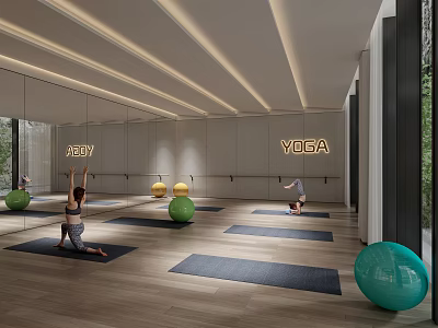 Modern Yoga Fitness Studio With Neon Signs Mirrored Walls Wooden Floors And Green Exercise Balls 3d model