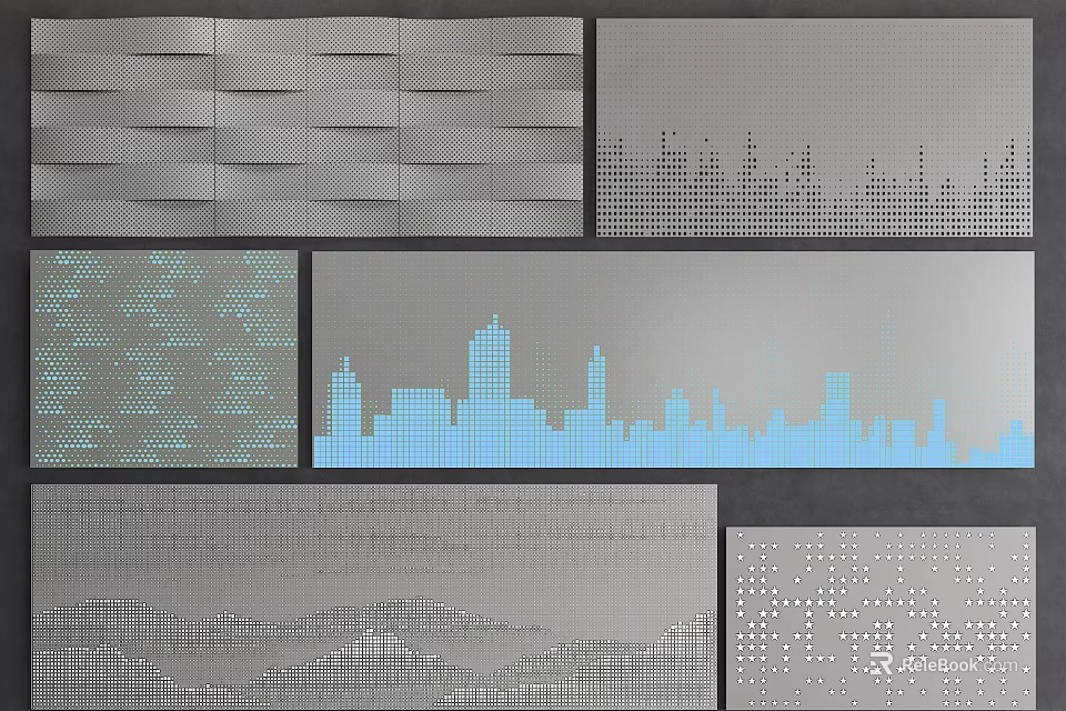 Modern Wall Panels With Geometric Patterns City Skyline And Perforated Textures 3d model 