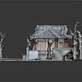Traditional Chinese Architecture Miniature Model With Gray Tiled Roof Wooden Structure Trees And Decorative Elements